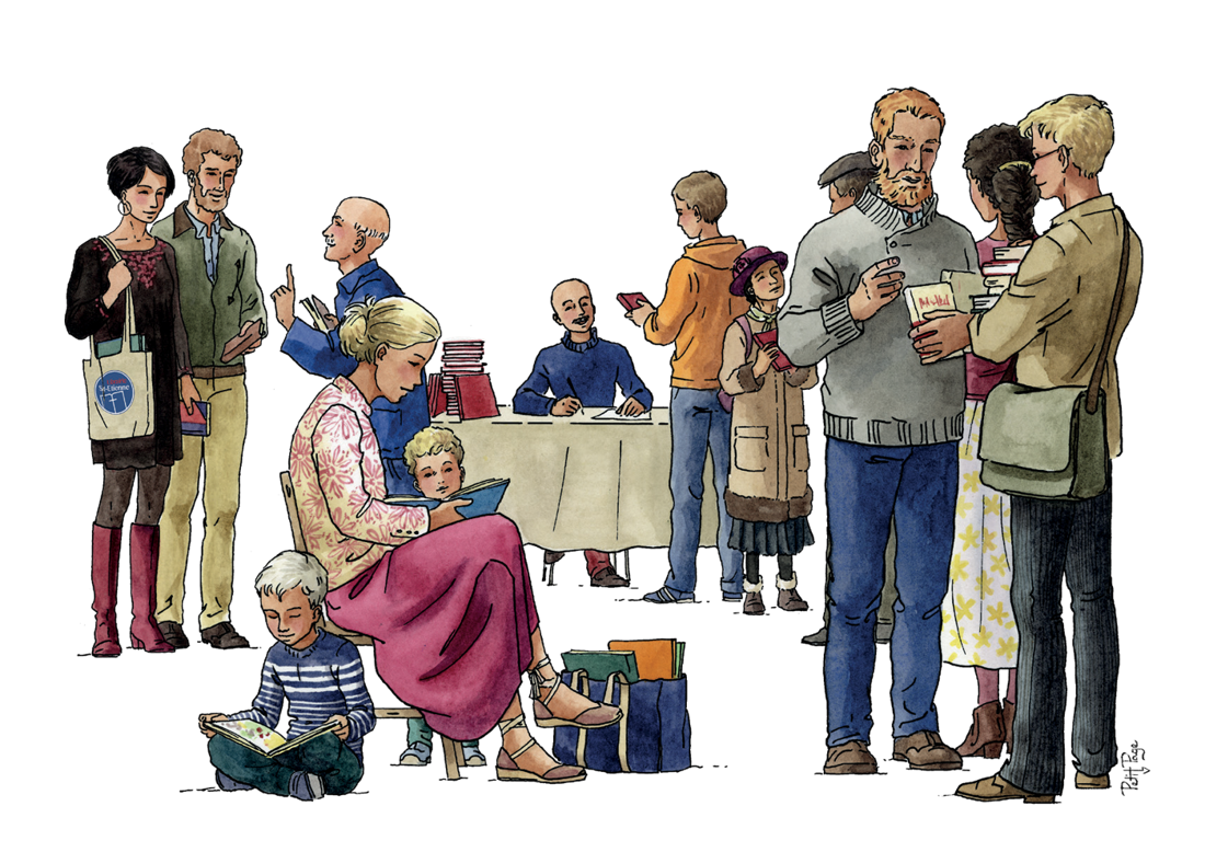 Illustration du salon : visiteurs de tous âges, livres en main, autour d'une table